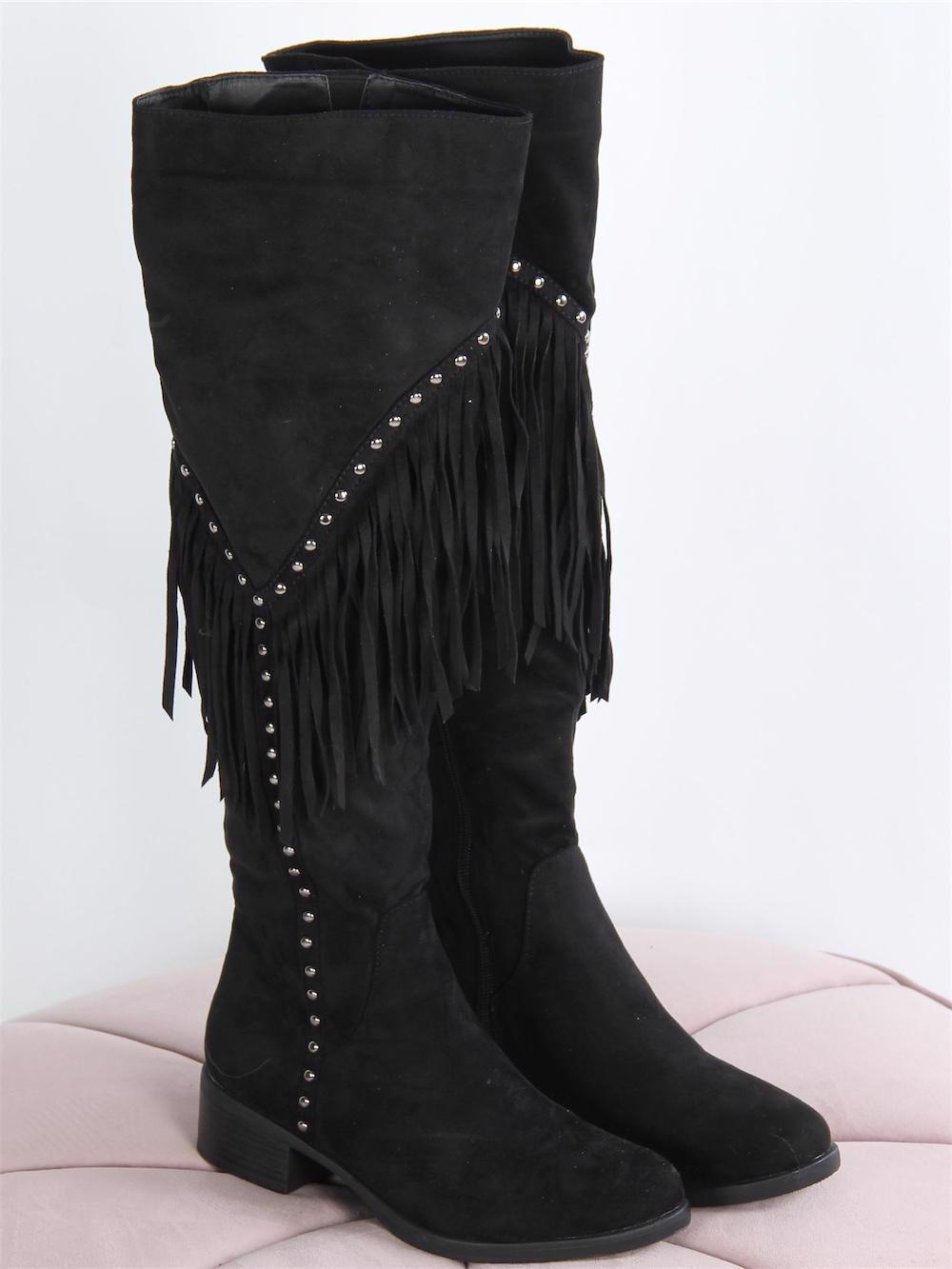 Christel - Sort støvle med frynser og sølv nitter